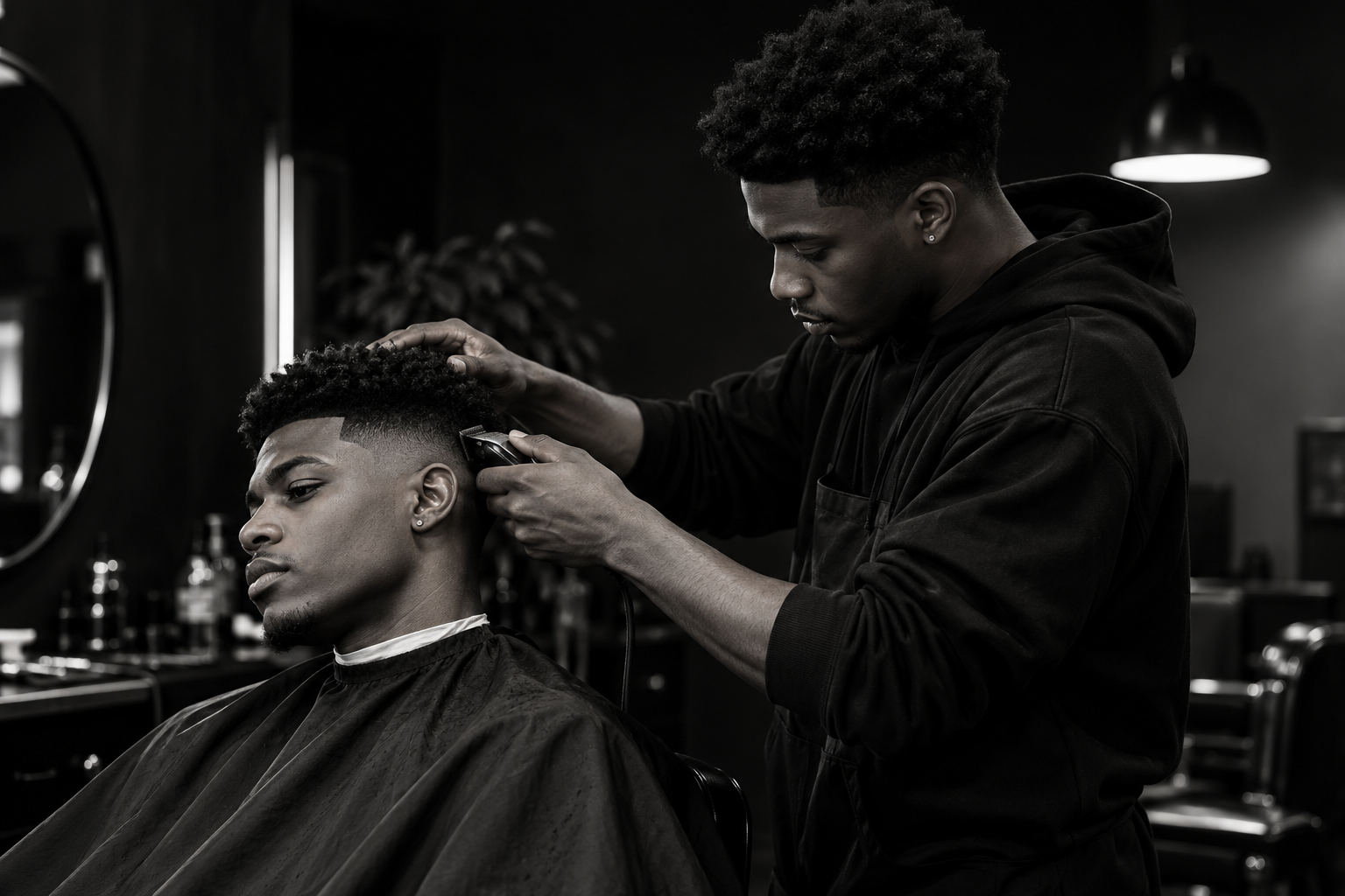 Barber shaping a client's haircut in a studio